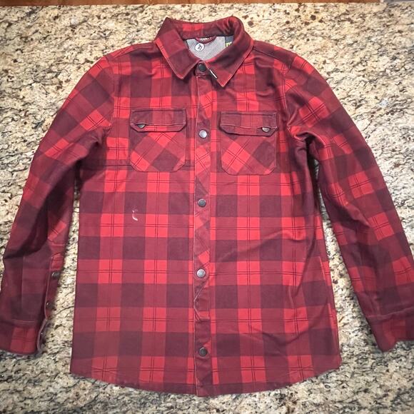 Volcom Shacket Mens Medium Red Buffalo Plaid Flannel Shirt Jacket Lined Workwear - Picture 2 of 10